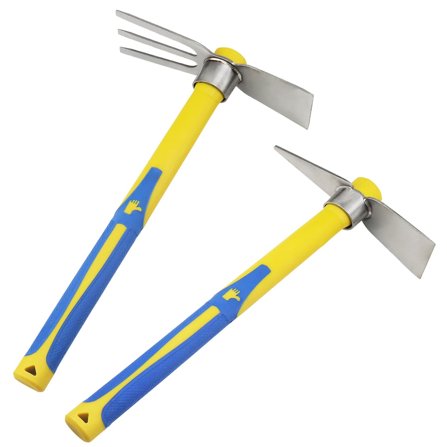 ZEONHEI 2 PCS Garden Hoe Tools, Stainless Steel Cultivator Hand Tiller and Hand Pick Axe with Fiberglass Handle, Pick Mattock Hoe for Planting Digging Weeding Gardening