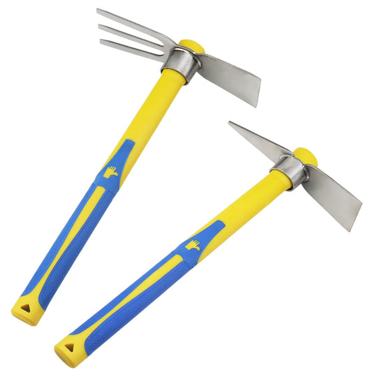ZEONHEI 2 PCS Garden Hoe Tools, Stainless Steel Cultivator Hand Tiller and Hand Pick Axe with Fiberglass Handle, Pick Mattock Hoe for Planting Digging Weeding Gardening