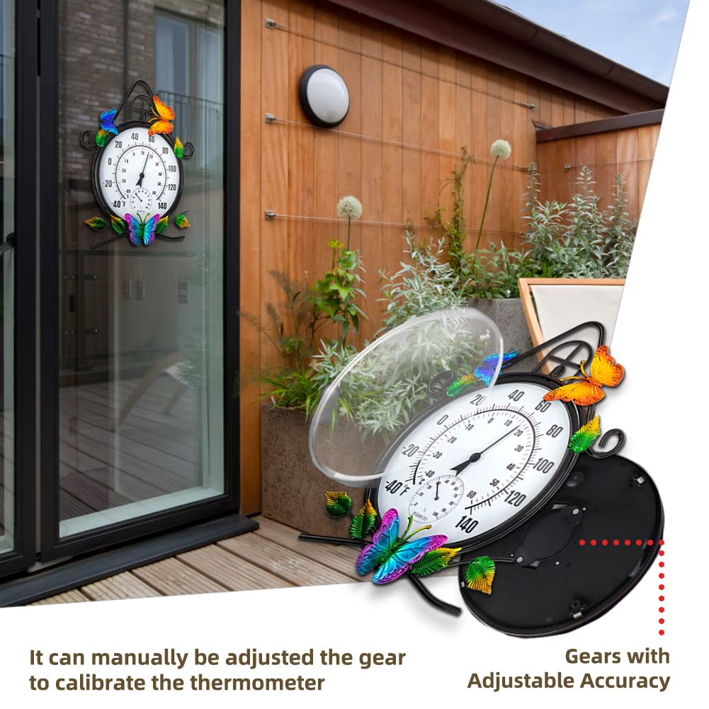 HOBYLUBY Indoor Outdoor Thermometer，Large Wall-Mounted Thermometer with Humidity, Easy to Read Decorative Outside Thermometer for Patio, Garden, No Require Batteries(Black)