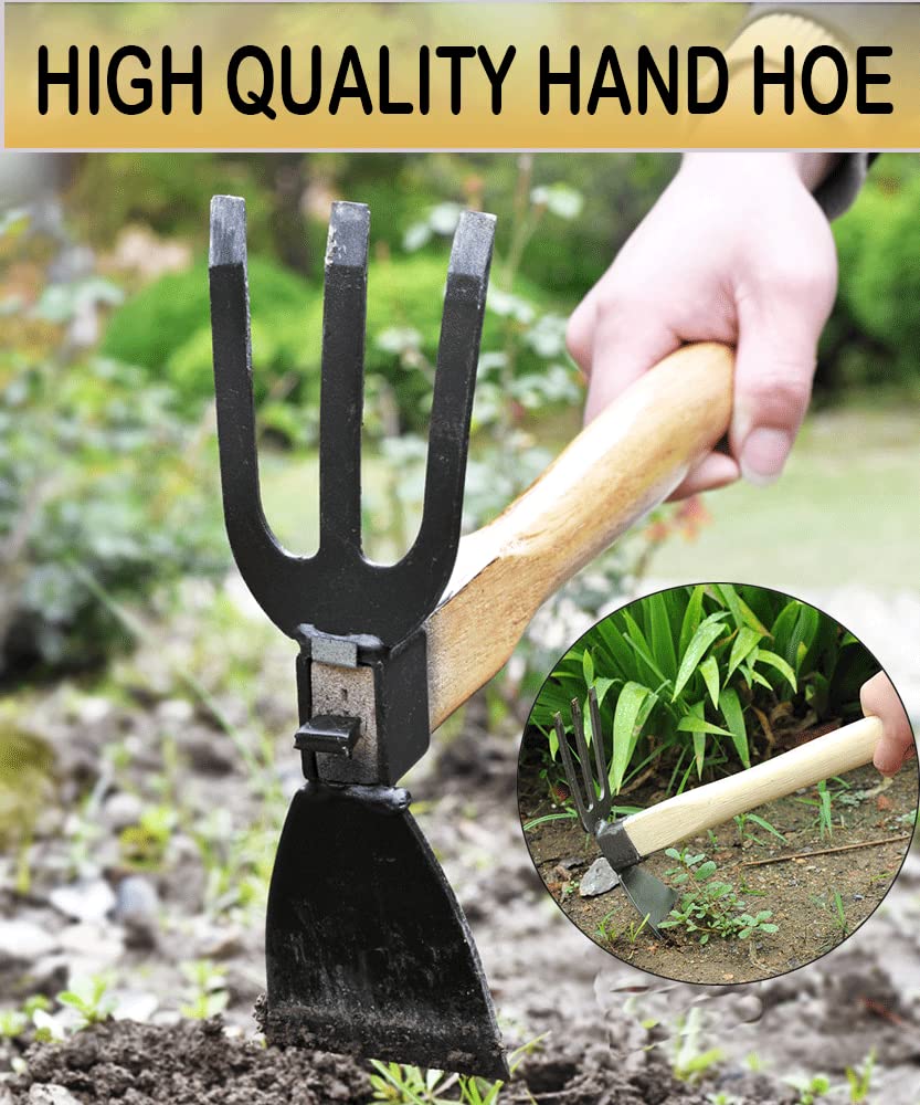 Garden Hoe,Garden Tools Digging Hoe and Rake, Hand Hoe with Wooden Handle for Loosening Soil and Weeding (2 in 1-Hoe and Rake)