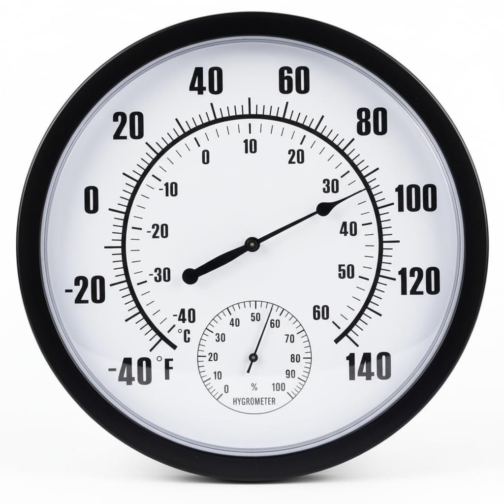 QTengCX 10 Inch Large Indoor Outdoor Thermometer & Hygrometer - Waterproof Analog Wall Thermometer for Patio, Garden, Garage, Greenhouse - Decorative Dial, No Battery Needed, Black