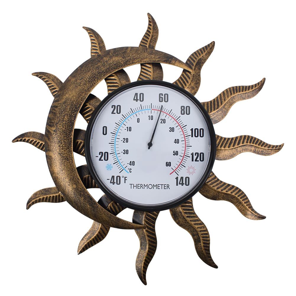 Vewogift 14" Sun-Moon Outdoor Thermometer, Metal Wall Thermometer No Need Battery, Decorative Indoor Thermometer for Patio, Garden, Living Room