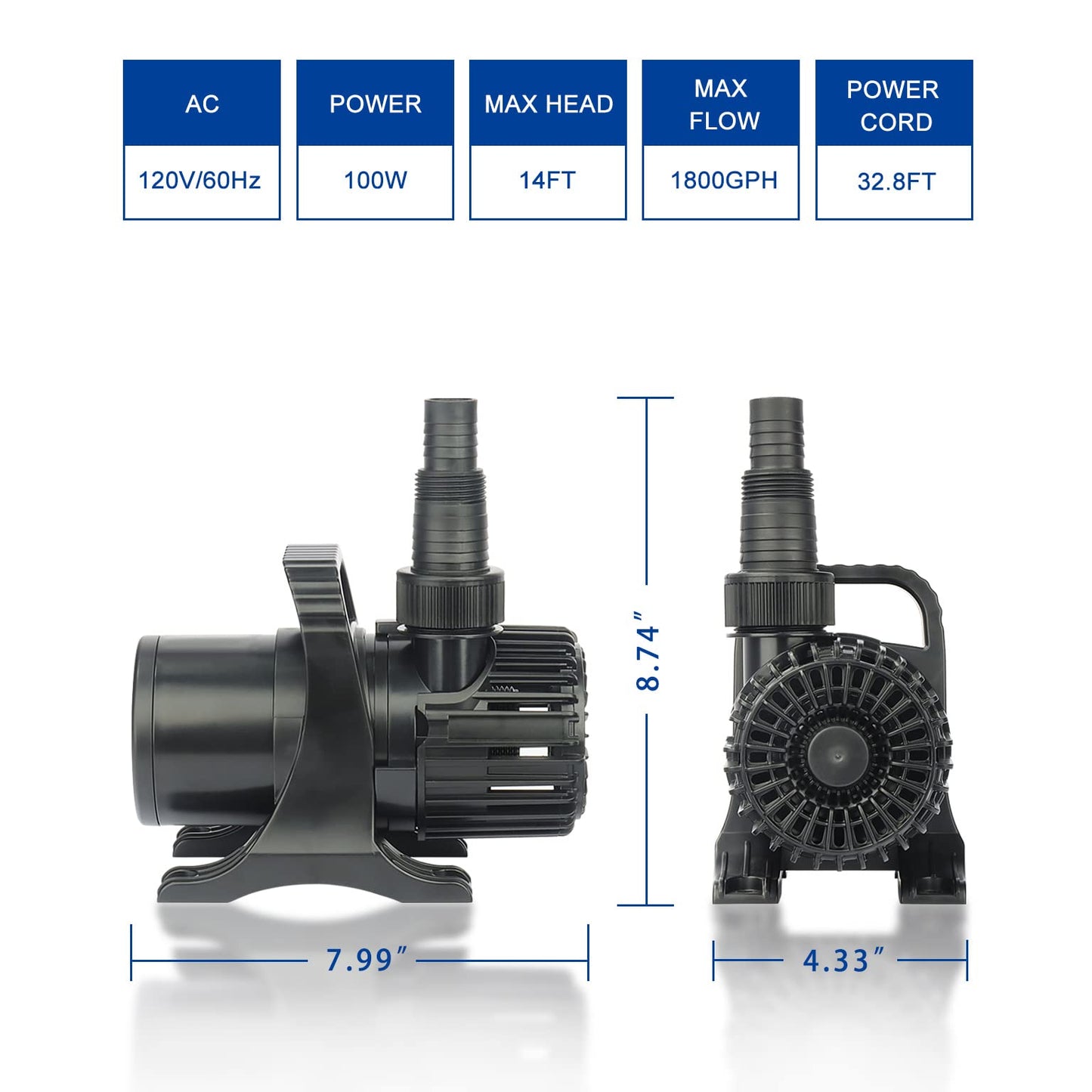 OYO WATER Outdoor 1800Gph-100W 32.8FT Small-Pond Water-fall & Kio Fish Fountain-s &Garden Pump Submersible IPX8: Long 32.8FT Cord Smart-er & Quieter Duck & Yard &Patio Ponds Pumps, 1 Barrier Pump Bag
