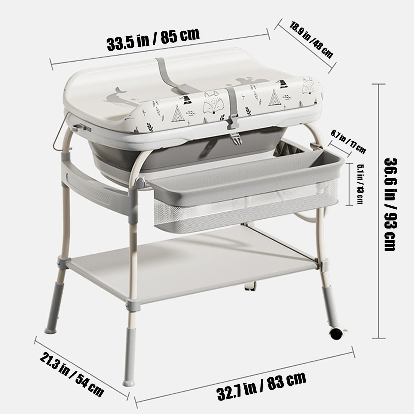 PandaEar 2-in-1 Baby Bathtub & Changing Table, Adjustable Height Folding Diaper Station Waterproof Pad with Storage Rack & Wheels, Baby Bath Tub with Thermometer
