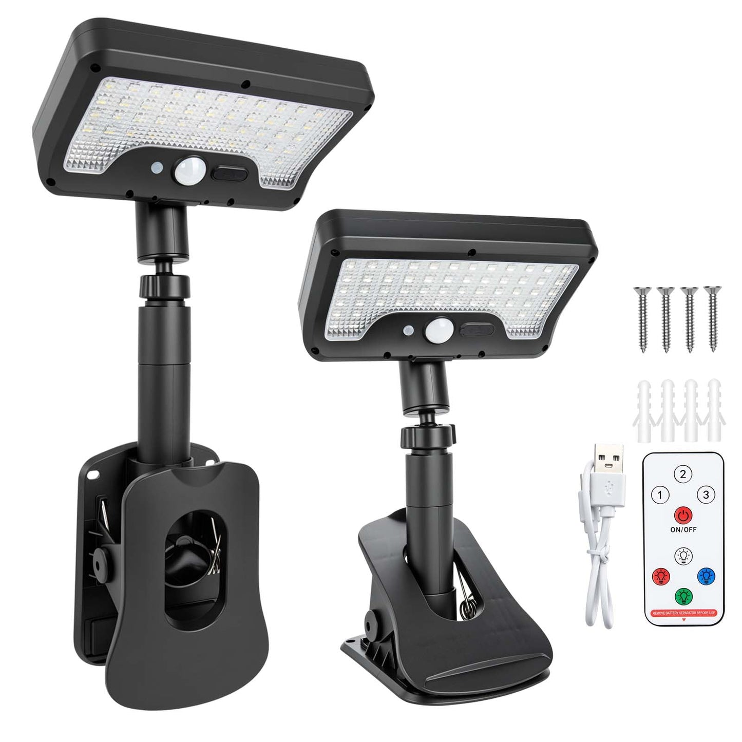 Clip On Solar Lights Outdoor with Motion Sensor, 4-Color 3 Modes Lighting (92 LEDs, 600 LM, 6000 K) IP65 Waterproof, 360° Adjustable Flexible Clamp for Fences Gardens Decks Camping Gutter (2)