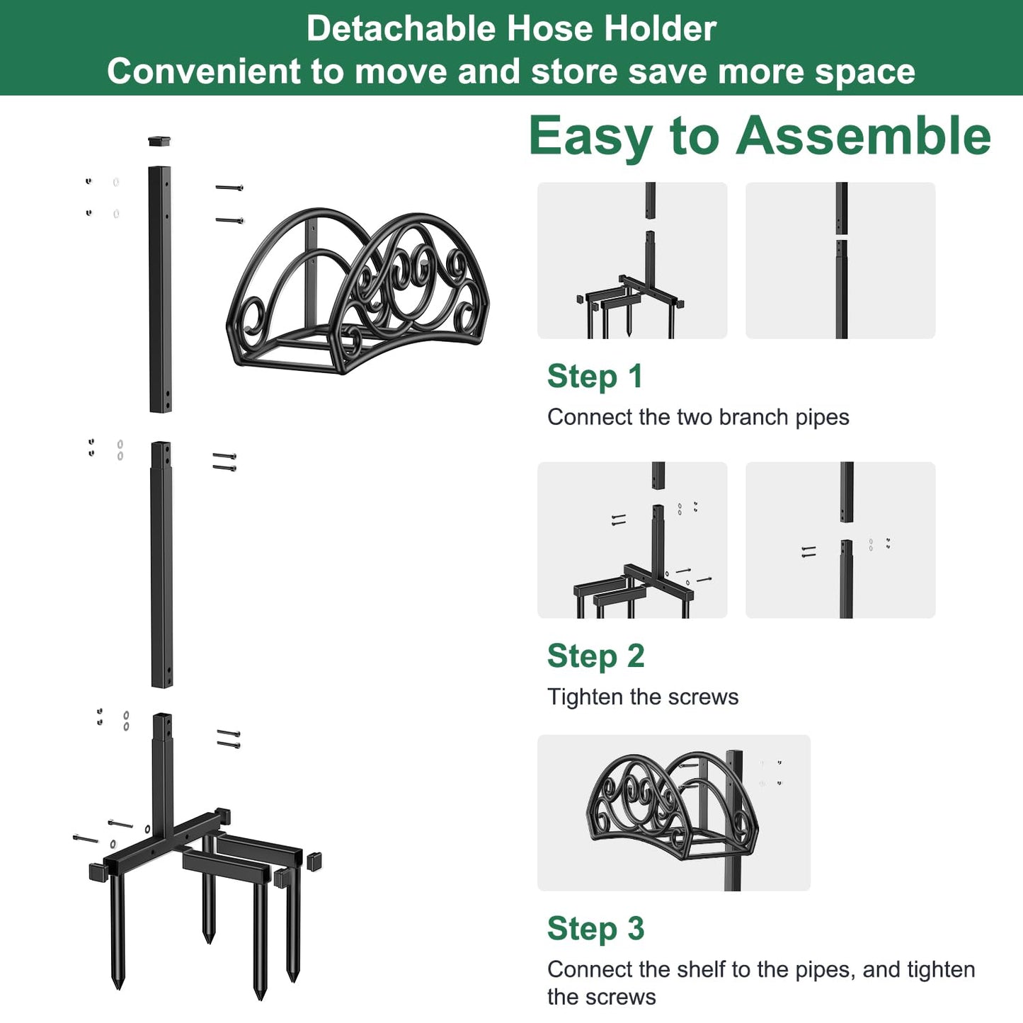 Sunvigor Garden Hose Holder Detachable Water Hose Holder, Thicker Metal Hose Stand Storage Rack, Freestanding Hose Storage for Outdoor, Yard, Lawn