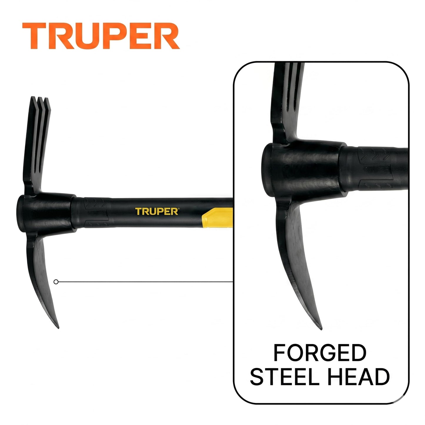 Truper Rapid Tiller, Digger Cultivator, 14-Inch Fiberglass Handle with Comfort Grip, Forged Steel Dual-Head Digging and Aerating Tool (Model RATI-F / 32739)