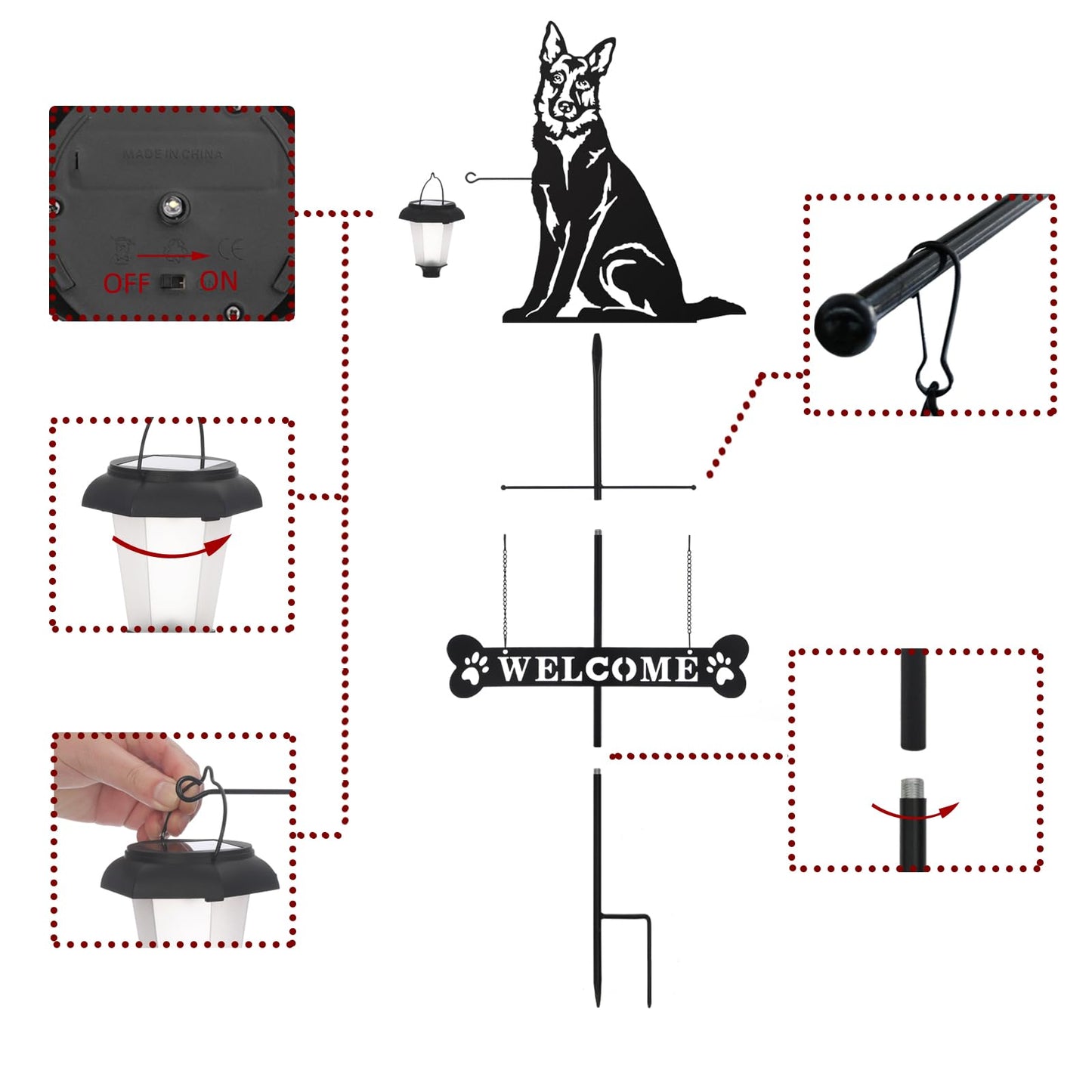 BAYN Solar German Shepherd Silhouette Dog Breed Welcome Sign with a Lantern Outdoor Decorative Garden Stakes for Yard, Lawn, Patio, Pathway