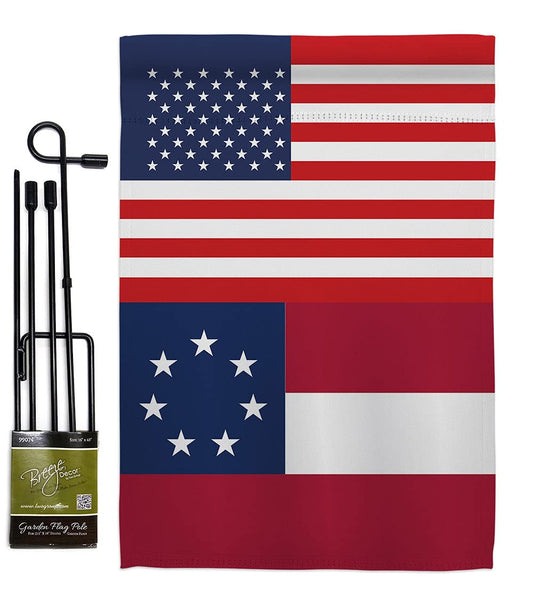 US Star & Bars Garden Flag - Set with Stand Patriotic Historic July Memorial Veteran Independence United State American - House Decoration Banner Small Yard Gift Double-Sided Made in USA 13 X 18.5