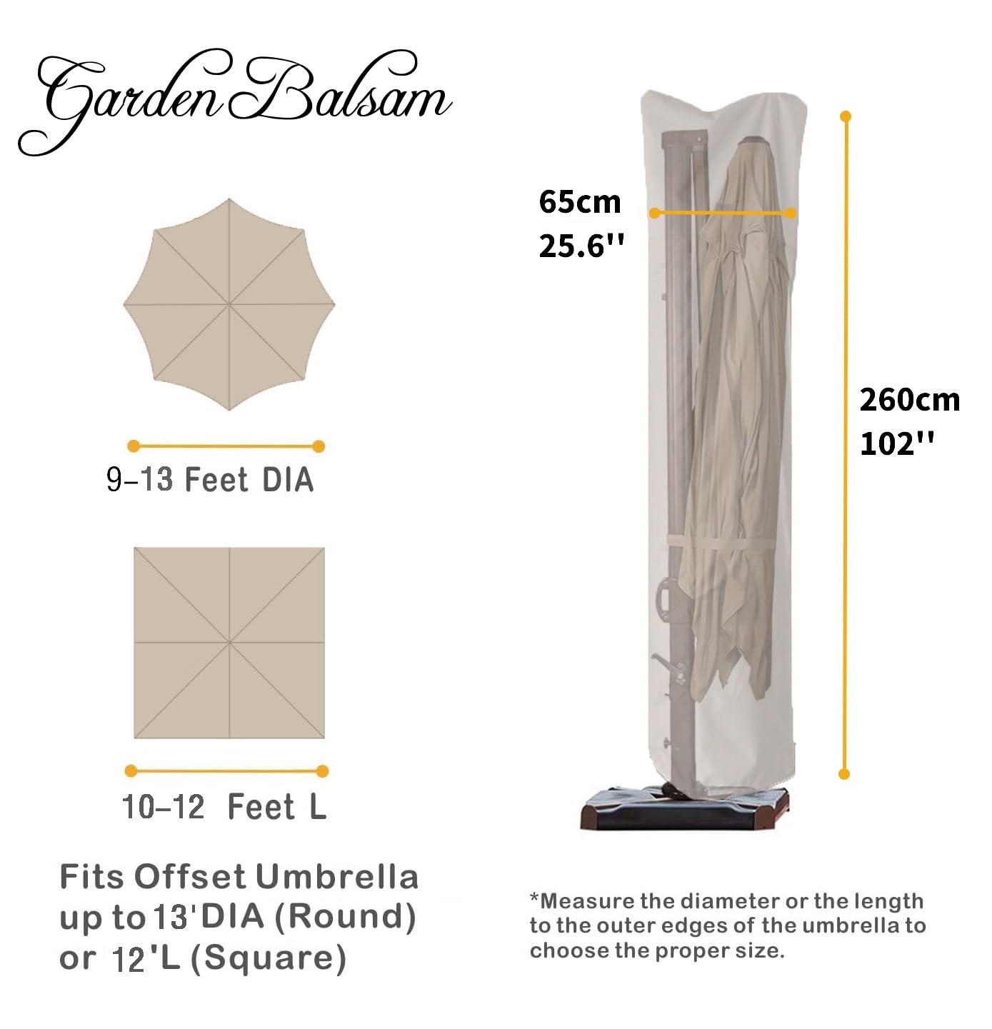 Garden Balsam Patio Umbrella Cover for 9ft to 13ft Offset Umbrella, Water Resistant, Curved Cantilever and Straight Pole Parasol Outdoor Umbrellas Cover with Zipper and Rod