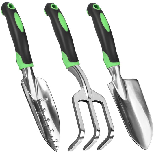 Garden Tool Set, 3 Pack Heavy Duty Gardening Hand Tools with Non-Slip Rubber Handles, Aluminum Alloy Gardening Tool Include Garden Shovel, Transplant Trowel and Hand Rake