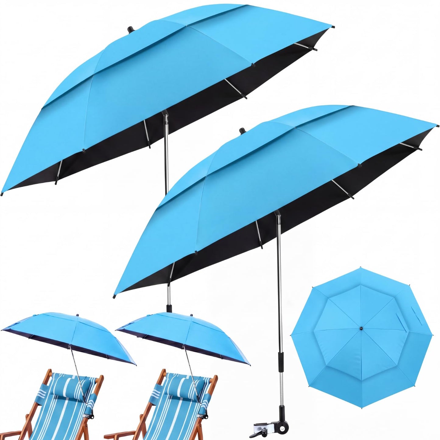 Nuanchu 2 Pcs 49" Double Canopy Beach Umbrellas with Clamp Upf50+ Beach Chair Umbrella with Clip 360 ° Adjustable Portable Outdoor Wheelchair Patio Golf Carts Camping Stroller Fishing(Sky Blue)