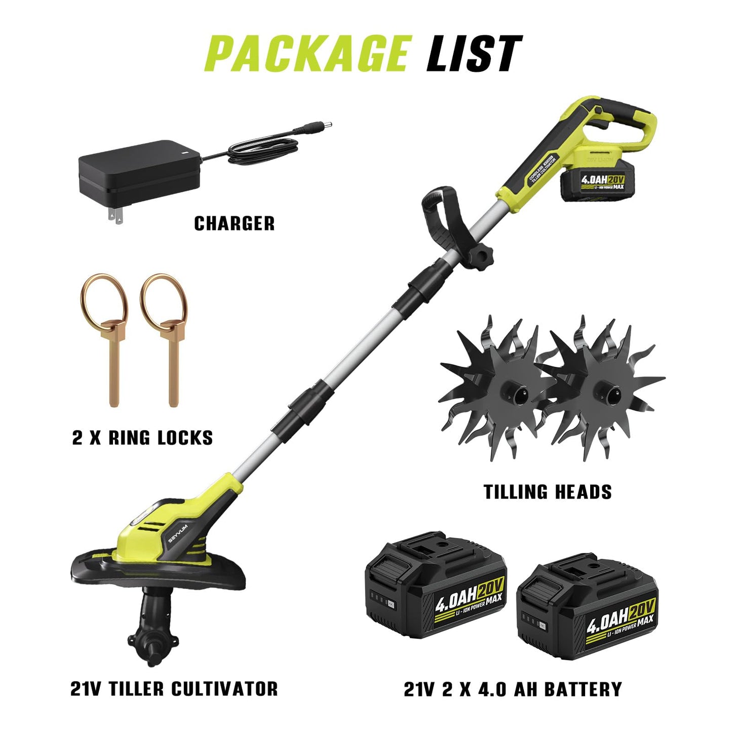 SEYVUM Cordless Tiller for Gardening, 20V 2 X 4.0Ah Battery Powered Cultivator, 9-in Tilling Width and 7-in Depth Electric Rototiller, 360 RPM Garden Tiller for Soil Cultivation