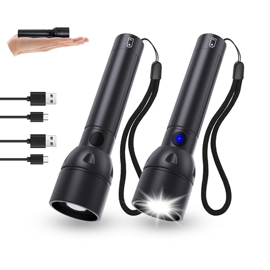 USB C Rechargeable Flashlight High Lumens -800L Super Bright Flash Light with 12H Long Life,5 Modes,Zoomable,Waterproof,Pocket Powerful Tactical LED Flashlights for Emergency Camping Outdoor 2PC