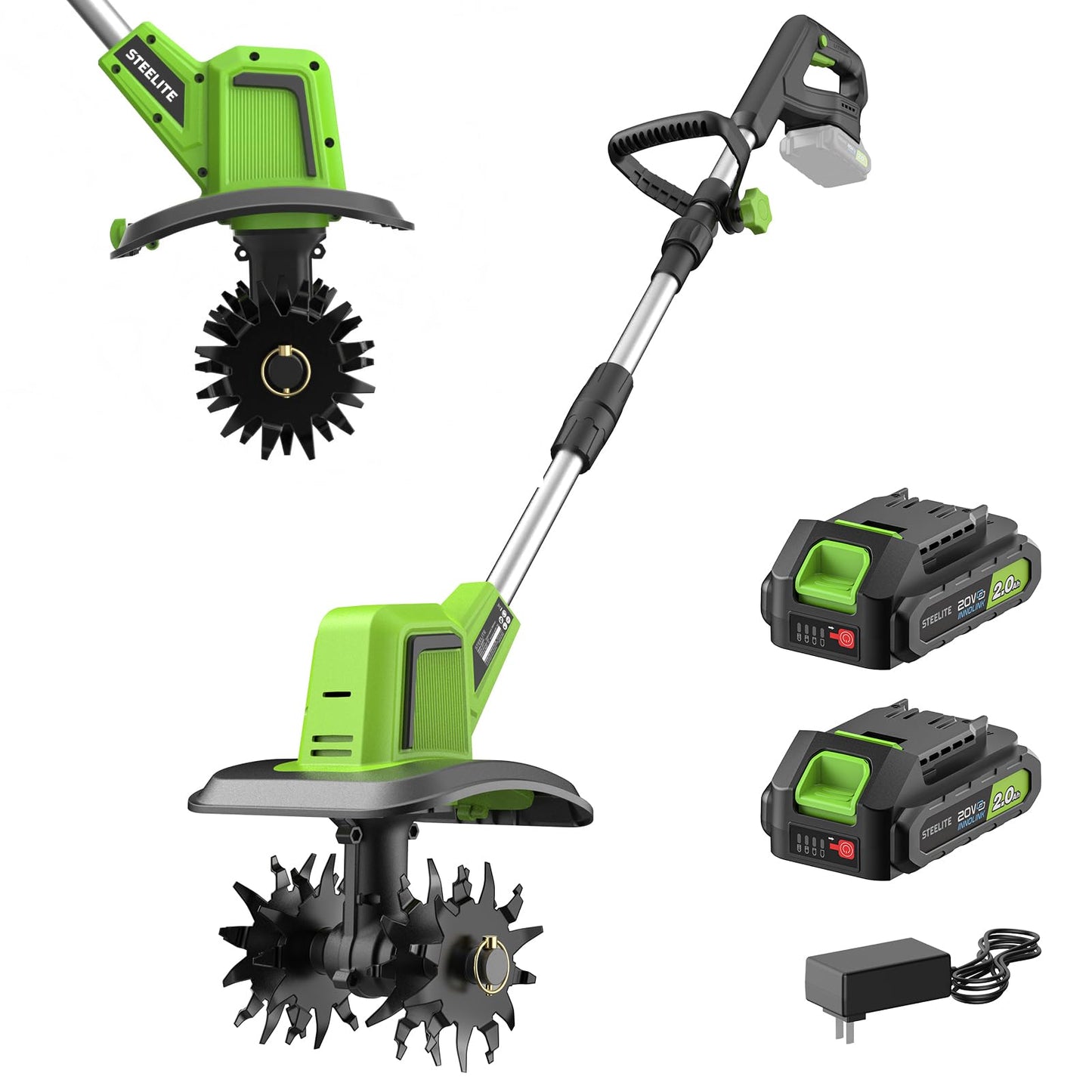 STEELITE 2x20V Battery Powered Tiller, 360 RPM Cordless Tiller, 9-inch Tilling Width and 7-inch Depth Portable Rotary Tiller, 400W Powerful Motor, Total 4.0Ah (2×2Ah) Battery & 1 Charger Included