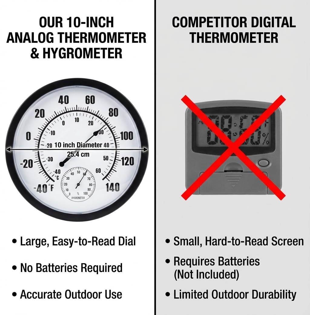 QTengCX 10 Inch Large Indoor Outdoor Thermometer & Hygrometer - Waterproof Analog Wall Thermometer for Patio, Garden, Garage, Greenhouse - Decorative Dial, No Battery Needed, Black