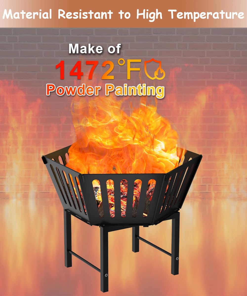 Waaliji 22.5 Inch Portable Hexagon Fire Pit with Travel Bag — Heightened Smokeless Design Outdoor Wood Burning Fire Pit for Camping, Backyard, Patio, Bonfire, Picnic and BBQ, Vertical Hollow Style