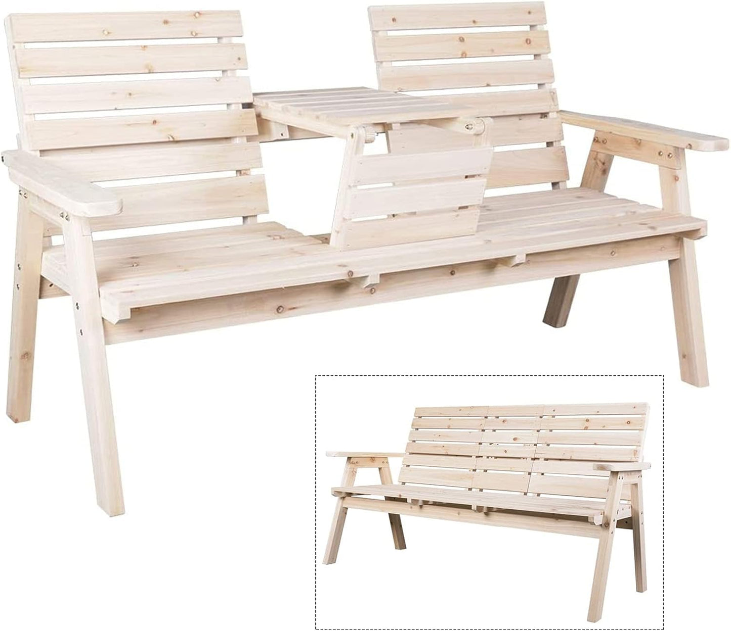 FORTUNO Cedar/Fir Log Wood Patio Garden Bench with Foldable Table, Outdoor Wooden Porch 3-Seat Bench Chair for Garden Balcony Patio Backyard, Natural Finish