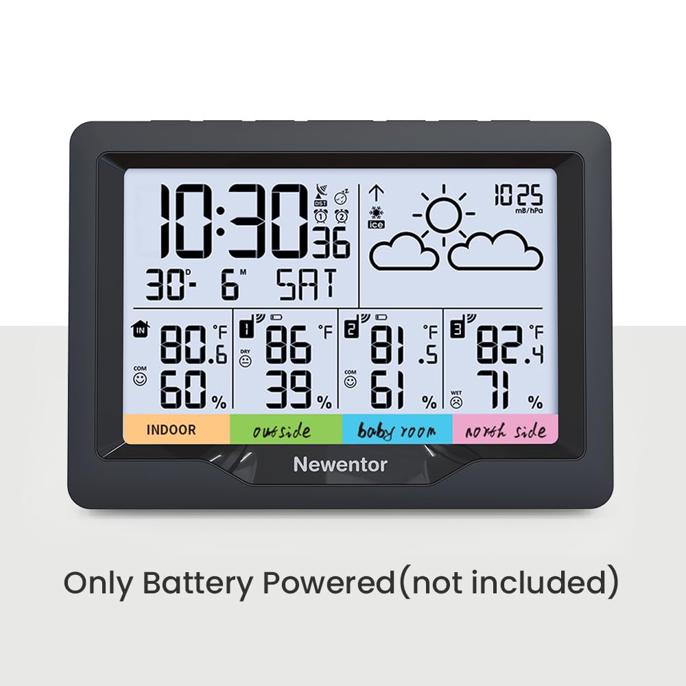 Newentor Weather Station Wireless Indoor Outdoor Multiple Sensors, Digital Atomic Clock Weather Thermometer, Temperature and Humidity Monitor, Forecast Weather Station with Backlight, Black