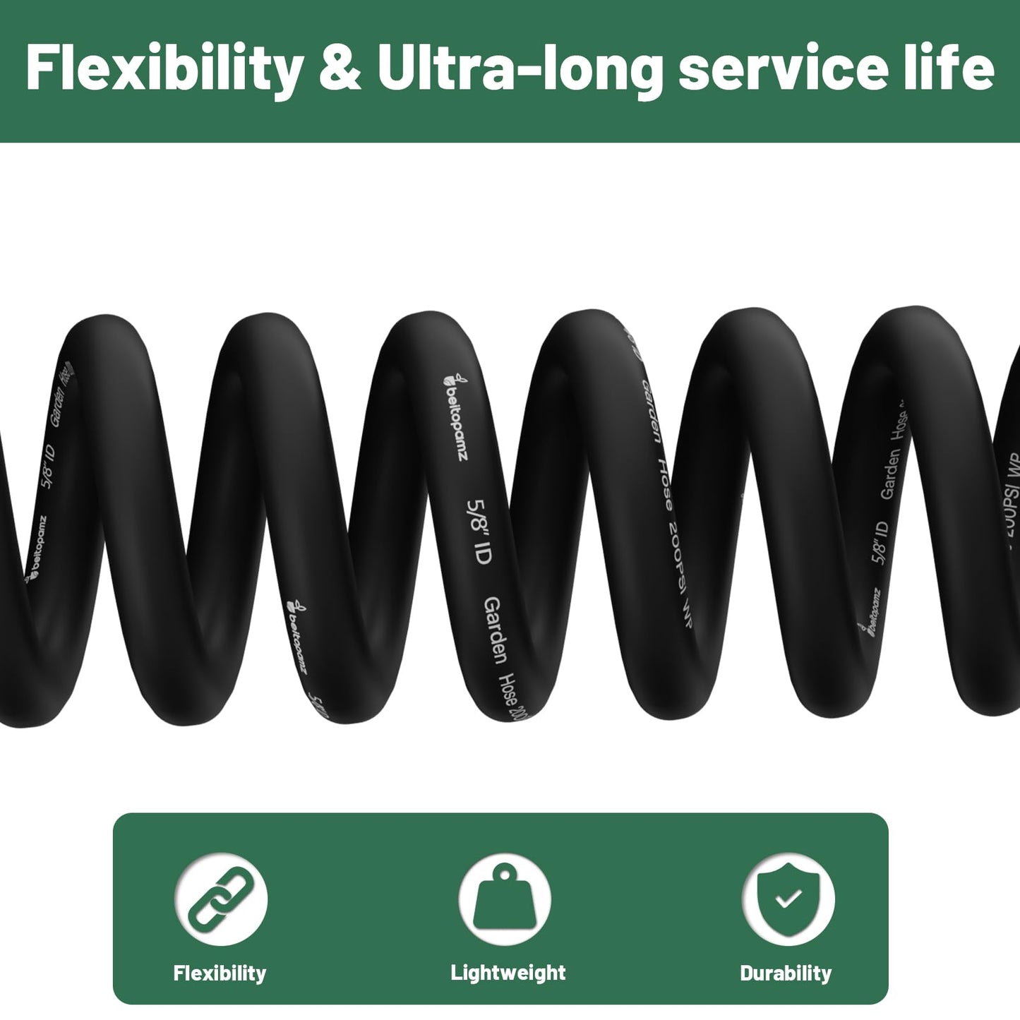 Beitopamz 200 ft Garden Hose, 5/8 in Heavy Duty Water Hose, Flexible and Durable, Lightweight Rubber Hybrid Hose, Leak-Free Connections, Male to Female 3/4'' Brass Fittings for Patio, Lawn, Black