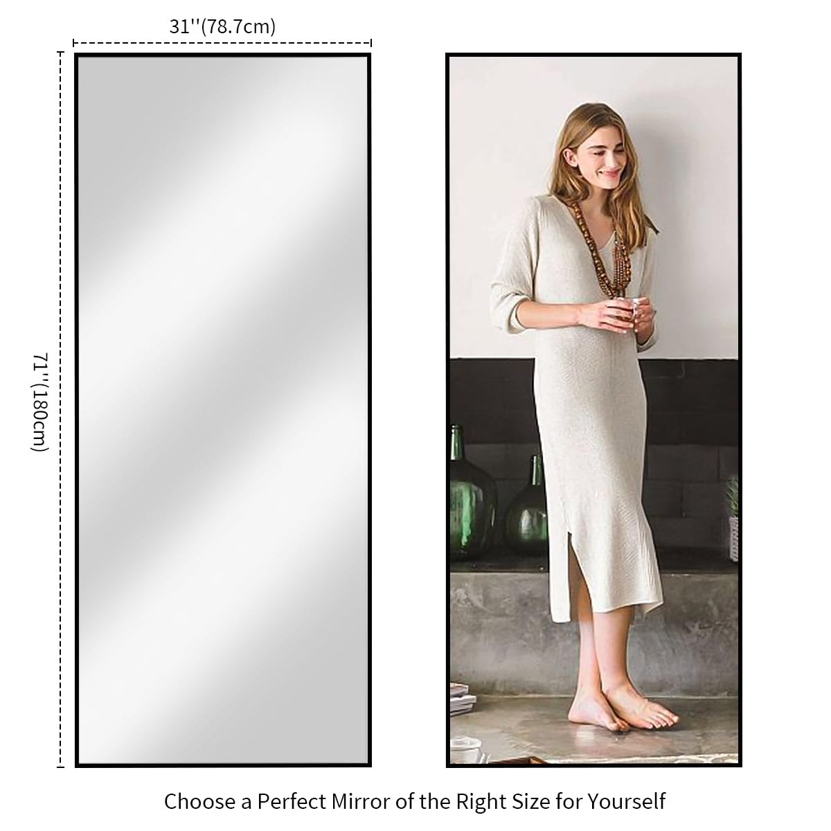Koonmi 71"x30" Floor Mirror Full Length, Bedroom Floor Body Mirror with Stand, Large Black Mirror, Leaning, Standing or Hanging Horizontally/Vertically