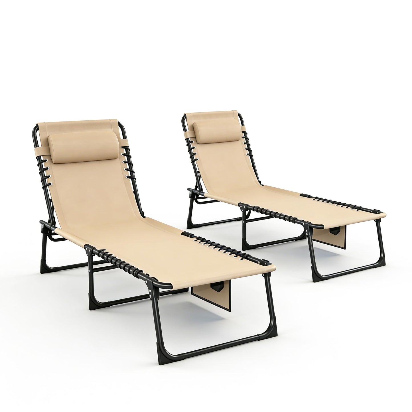 Foristrail 2 Pack Folding Chaise Lounge Chair 5-Position Adjustable Outdoor Recliner 400LB Capacity Portable Patio Camping Beach Pool Sunbathing Lounger with Pillow, Light Beige