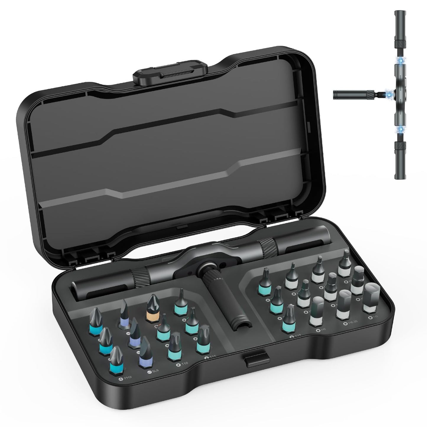 Keelacoper 24 in 1 Ratchet Screwdriver Set, Magnetic Ratcheting Screwdriver Set with Detachable T-Handle, Multi Bit Portable DIY Repair Tool Set for Furniture, Computers, Bicycles, Appliances