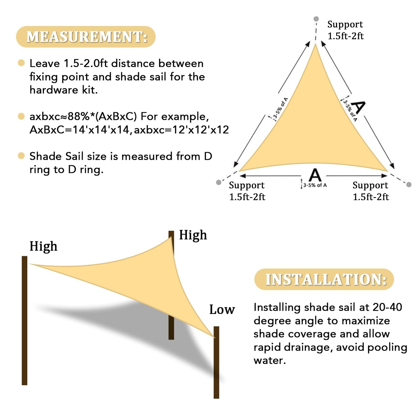Shade&Beyond Triangle Sun Shade Sail 20'X20'X20' Permeable Canopy Sand for Patio Garden Yard Deck Pergola (We Make Custom Size)