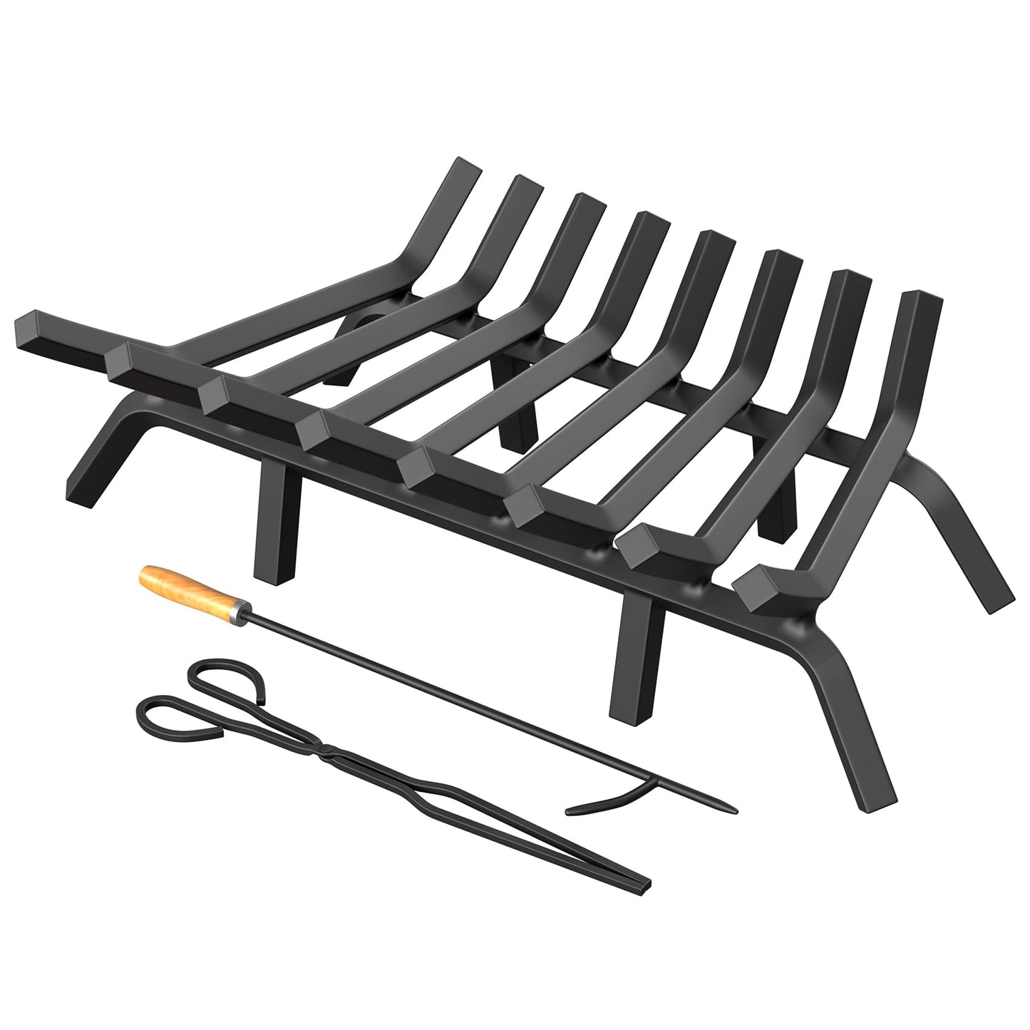 Jusgym Fireplace Grate 24 Inch with 8 Support Legs, Solid Steel Heavy Duty Fireplace Log Holder with Fire Log Tongs & Fire Poker, Fireplace Log Grate for Indoor Fireplace and Outdoor In-ground Firepit