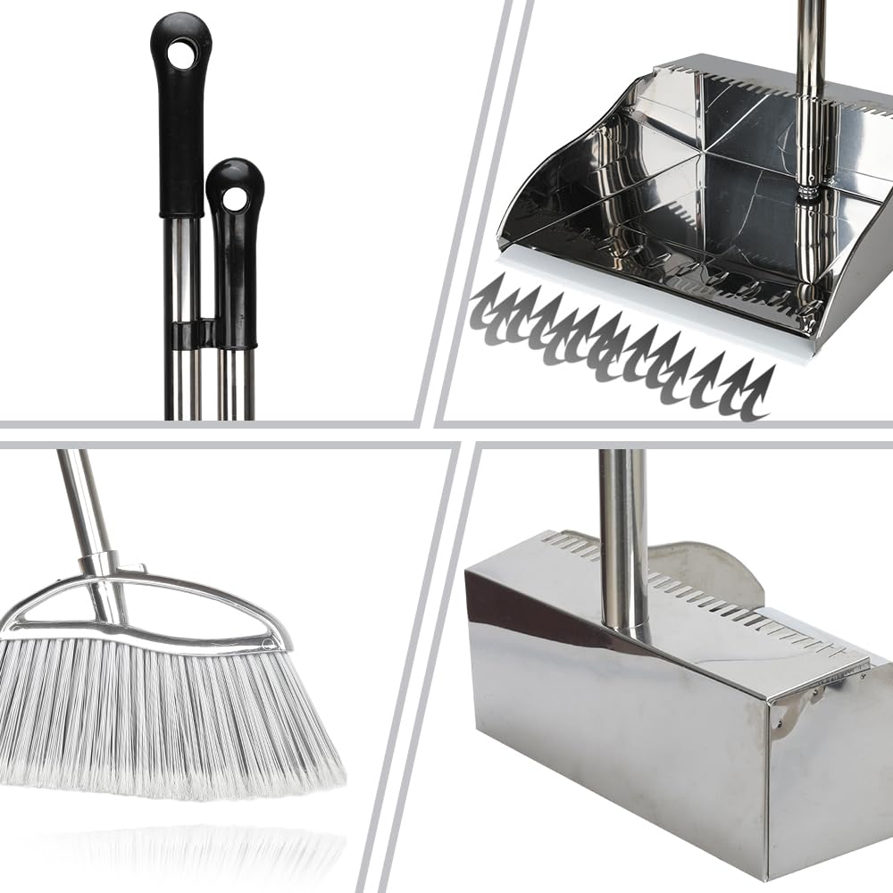 GLOYY Outdoor Broom and Dustpan Comb Set,Heavy Duty Stainless Steel Metal Dust Pan with Long Handle Commercial Stiff Bristles Broom for Home Garage Garden Patio