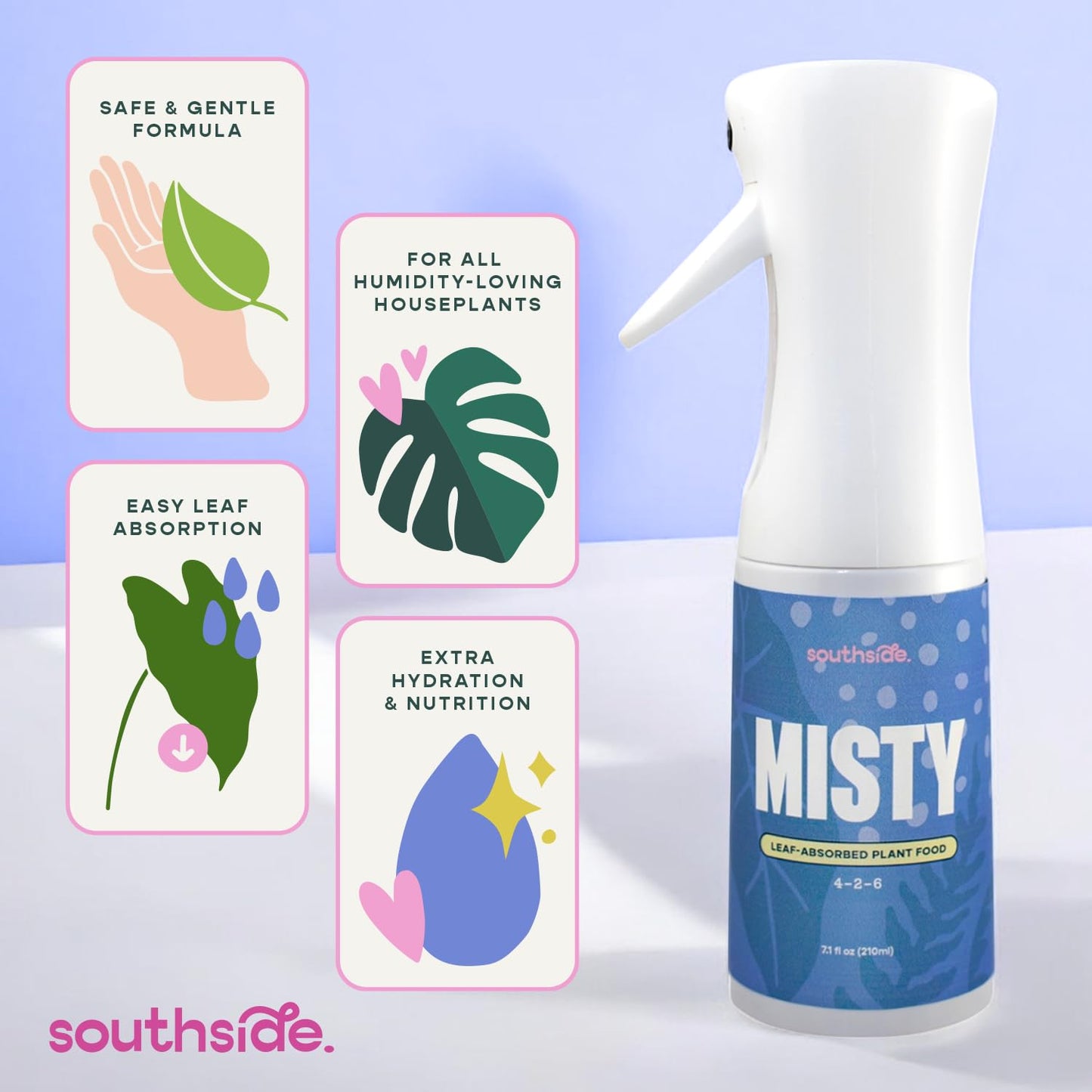 Southside Misty Fertilizer Spray - Use Year-Round - Leaf-Absorbed Plant Food in a Premium Continuous Spray Bottle (4-2-6 NPK) -Hydration & Nutrition for Humidity-Loving Houseplants -7.1 fl oz (210ml)