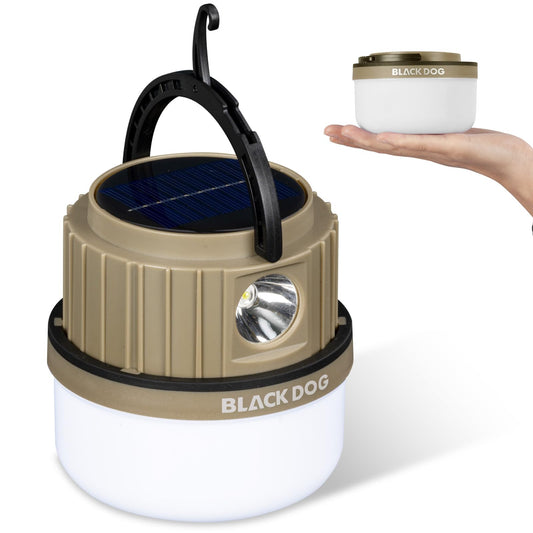 BLACKDOG 2-in-1 Solar Camping Lantern & Flashlight, Rechargeable Outdoor Light with Warm/Cool Modes, Collapsible Emergency Lantern with Hidden Hook, Type-C Fast Charge for Hiking, Power Outages(Khaki)