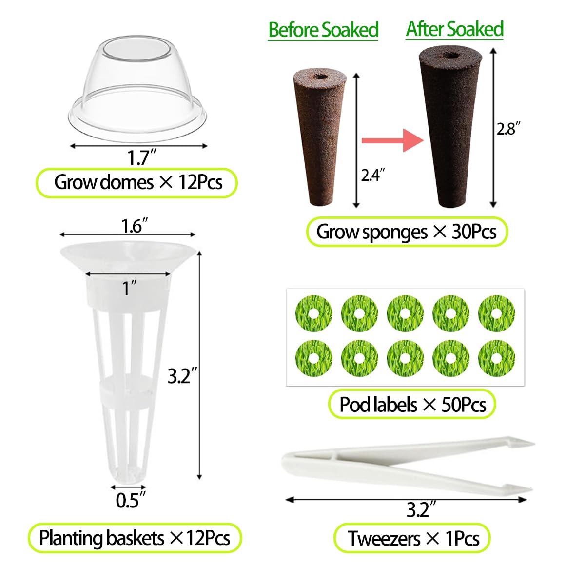 105 Seed Pod Kit for Aerogarden, Hydroponics Accessories for System Compatible with Hydroponics Supplies from All Brands, 30 Grow Sponges, 12 Grow Baskets, 12 Domes, 50 Pod Labels, 1 Tweezer (105 Pcs)