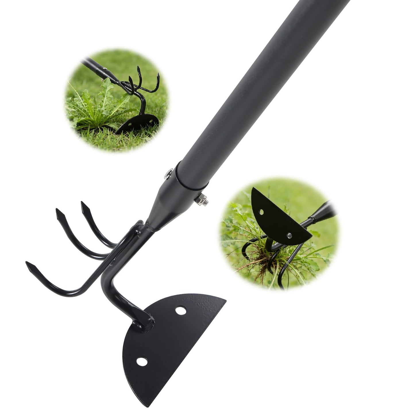 EUIJOIP 52" Heavy Duty 2-in-1 Hoe & Tiller Rake Garden Tool, 3-Tine Cultivator for Weeding and Soil Loosening, Long Handle Stand Up Digging Tool for Gardening and Planting