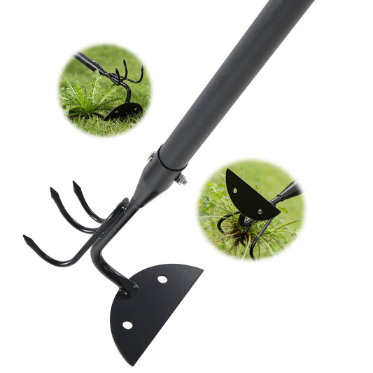 EUIJOIP 52" Heavy Duty 2-in-1 Hoe & Tiller Rake Garden Tool, 3-Tine Cultivator for Weeding and Soil Loosening, Long Handle Stand Up Digging Tool for Gardening and Planting