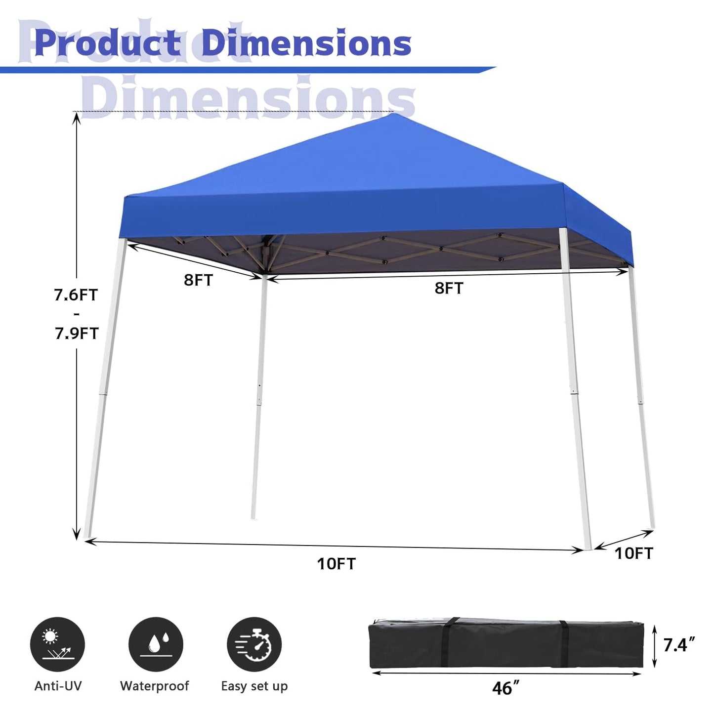 Oneofics Pop-up Canopy Tent, 10x10 Foot, Slant Legs with Carrying Bag, Gazebo Shelter for Patio Deck Garden and Beach, 8x8 Foot Cover Included, Blue