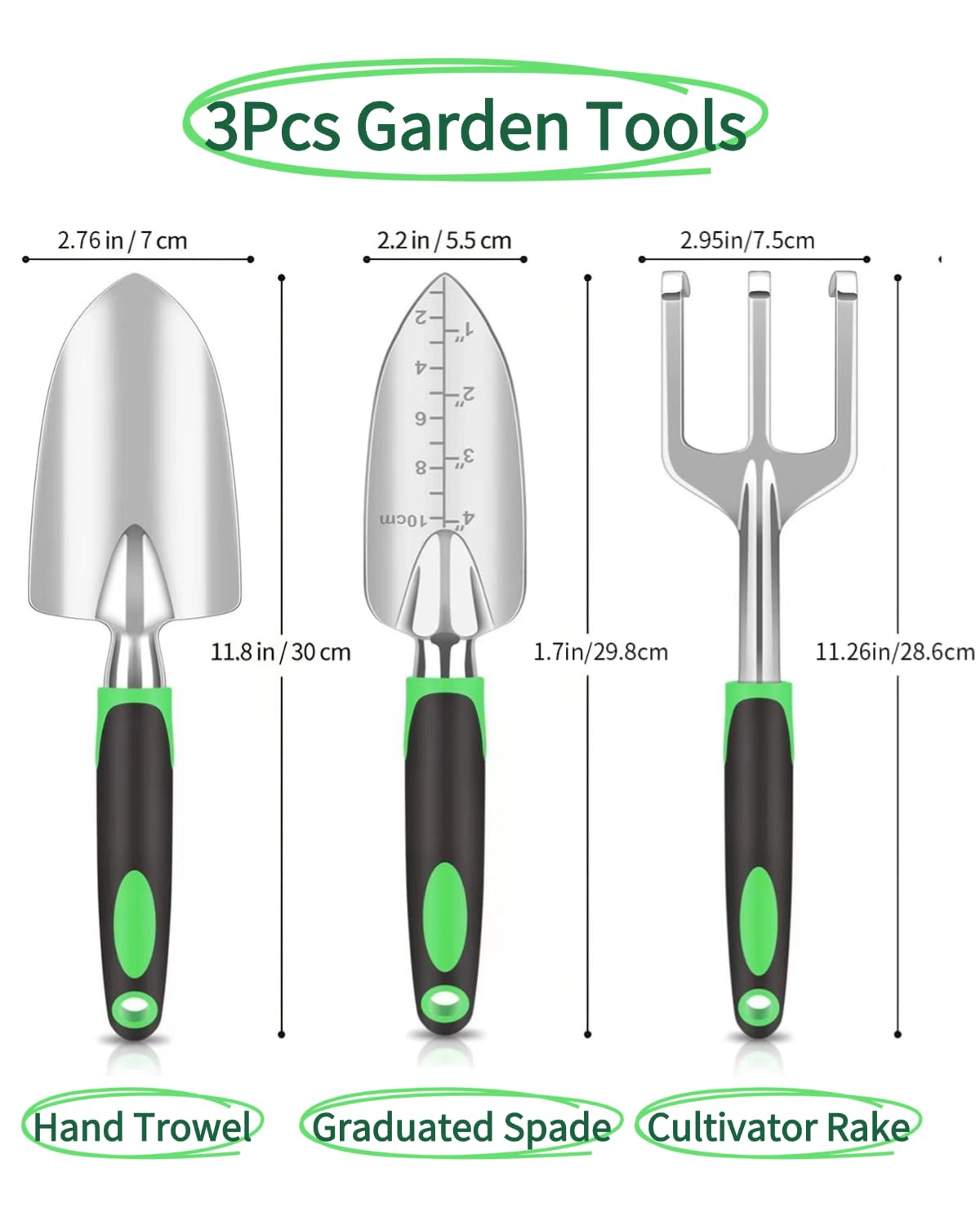 Garden Tools, Heavy Duty Cast-Aluminum Garden Tool Set with Hand Trowel, Transplant Trowel, Cultivator Rake, Soft Rubber Ergonomic Non-Slip Handle, Gardening for Home Gardeners (Basic Set (3 PCS))