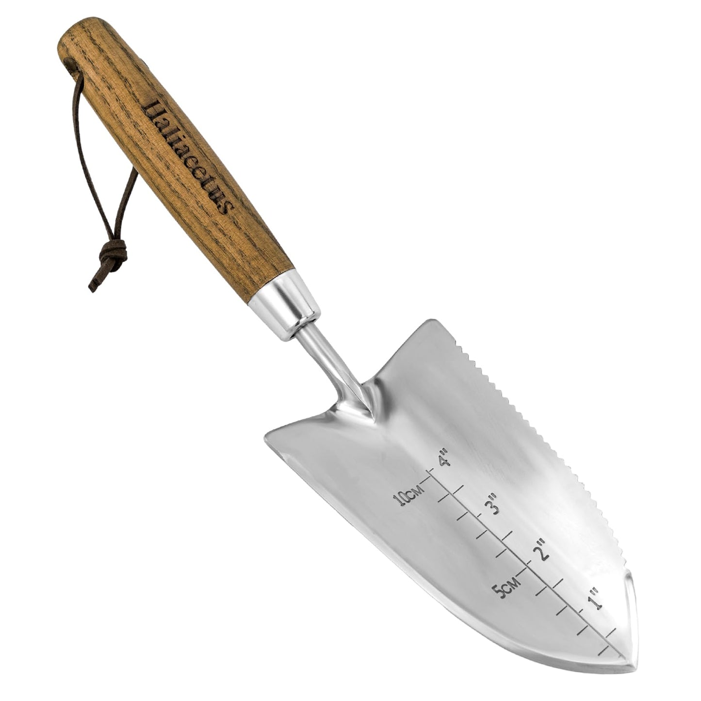 Haliaeetus Garden Trowel with Serrated Edge, 4'' Depth Marks Planting Shovel, V-Shaped Sharp Edge Garden Tool, Stainless Steel with Comfortable Wood Handle for Planting and Weeding