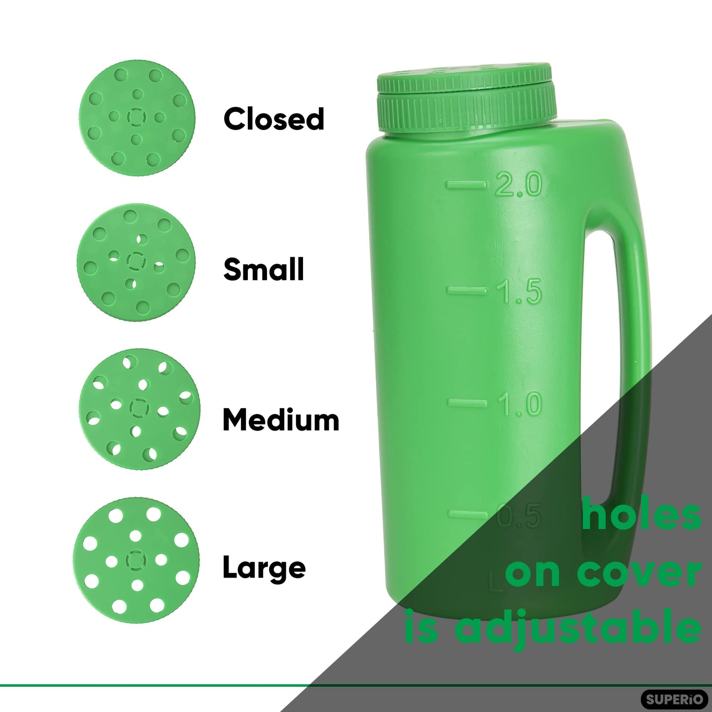 Superio Handheld Spreader for Lawn and Garden Seed, Fertilizer and Ice Melt Spreader 2 Liter, Adjustable Hole Size