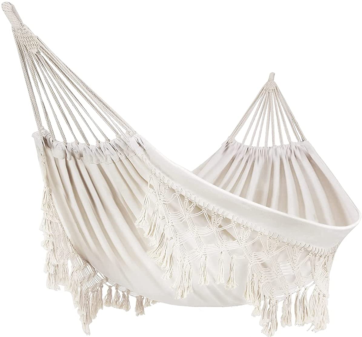 Outdoor Hammock Garden Cotton Hammock Macrame Fringe Hammocks Boho Balcony Hammocks with Handmade Tassels 2 Person Double Hamock 480lbs for Home,Backyard,Beach,Patio