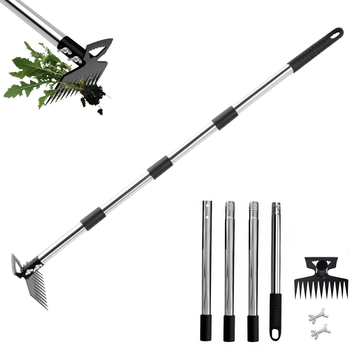 Weed Puller Tool, 2-in-1 Garden Hoe and Weed Rake, 60 Inch Adjustable Long Handle Stainless Steel Heavy Duty Weeding Tools, Manual Weeder Remover Gardening Uprooting Tool for Yard, Lawn and Patio