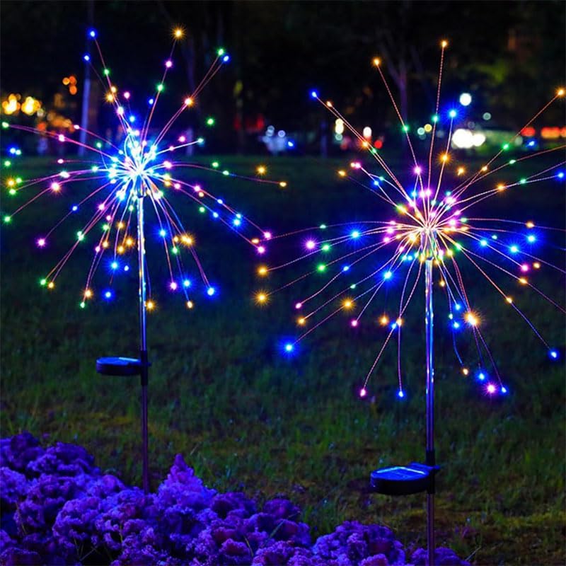 colcutee 2 Pack Solar Firework Lights Outdoor, Adjustable 32" to 51" Extra Tall, 200 LED Stainless Steel 3-Section Pole, 8 Modes Waterproof Starburst Garden Lights for Yard Pathway Walkway Decor