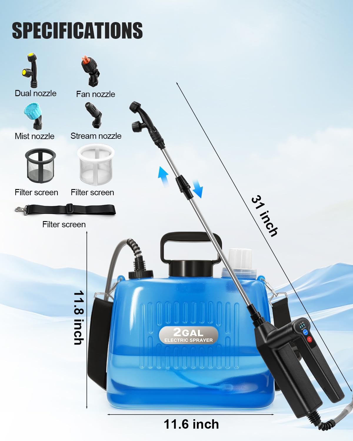 Sylsmart Battery Powered Sprayer 2 Gallon, Electric Weed Sprayer with 3 Adjustable Pressure Levels, 4 Nozzles & Extendable Wand, Rechargeable Garden Sprayer for Yard, Lawn, Plants & Fertilizer