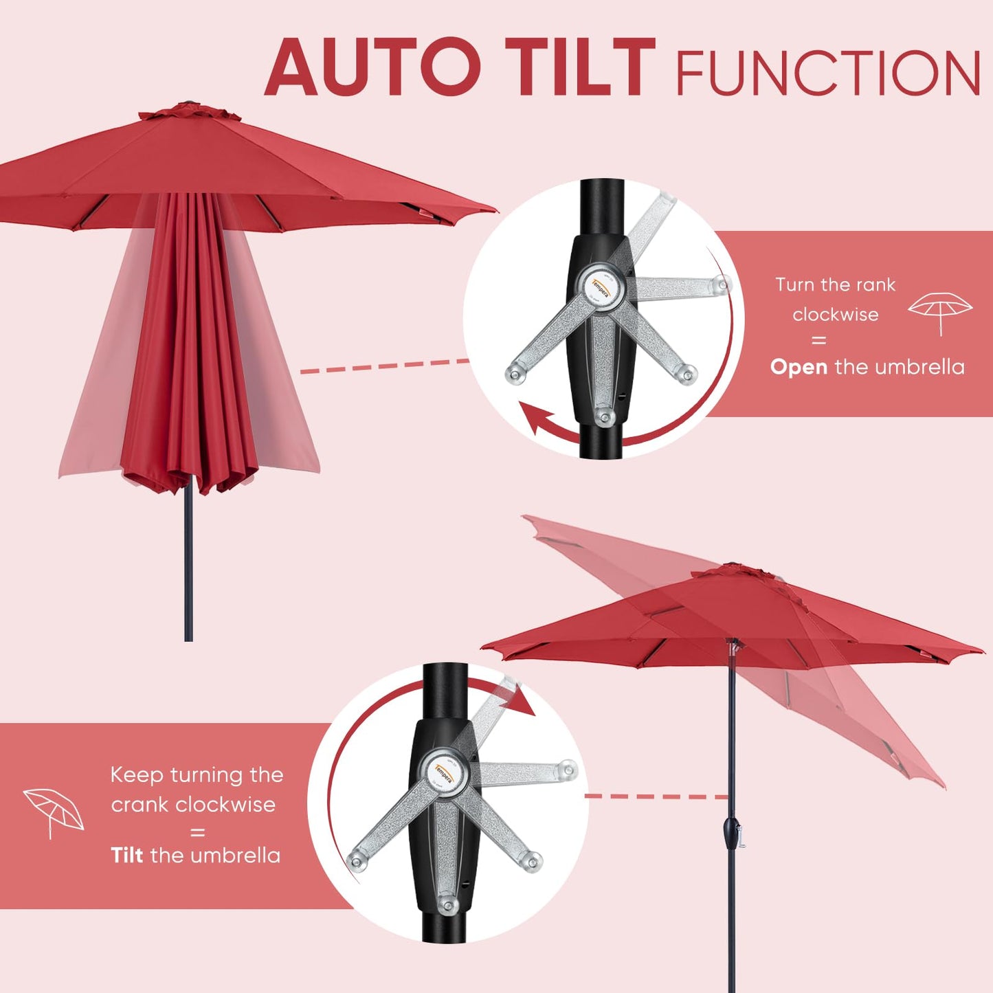 Tempera 9ft Patio Market Outdoor Table Umbrella with Auto Tilt and Crank, Large Sun Umbrella with Sturdy Pole & Fade Resistant Canopy, Easy to Set, Rust Red