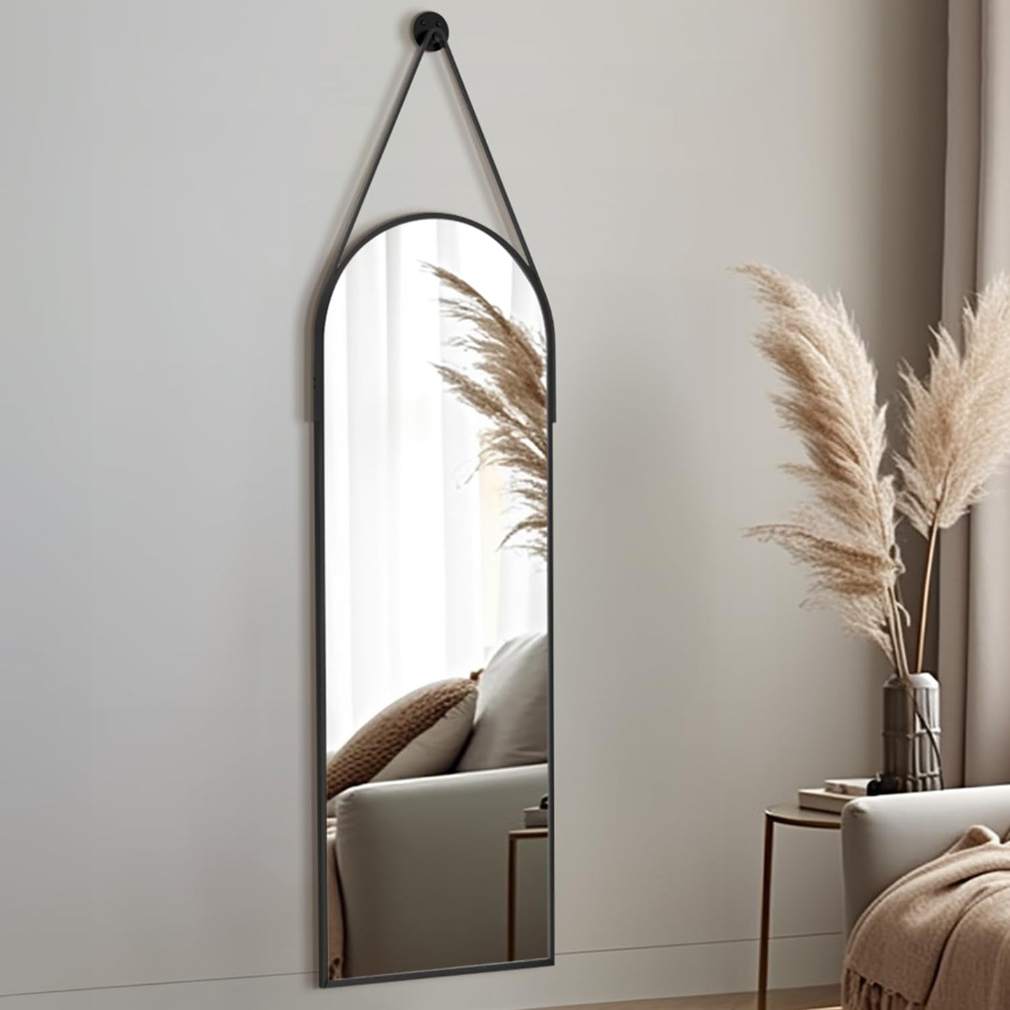 Dewfig 16"x48" Hanging Mirror with Leather Strap,Arched Full Length Mirror with Aluminum Frame Wall-Mounted Hanging Mirrors for Bathroom Vanity Living Room Bedroom Entryway Décor, Black