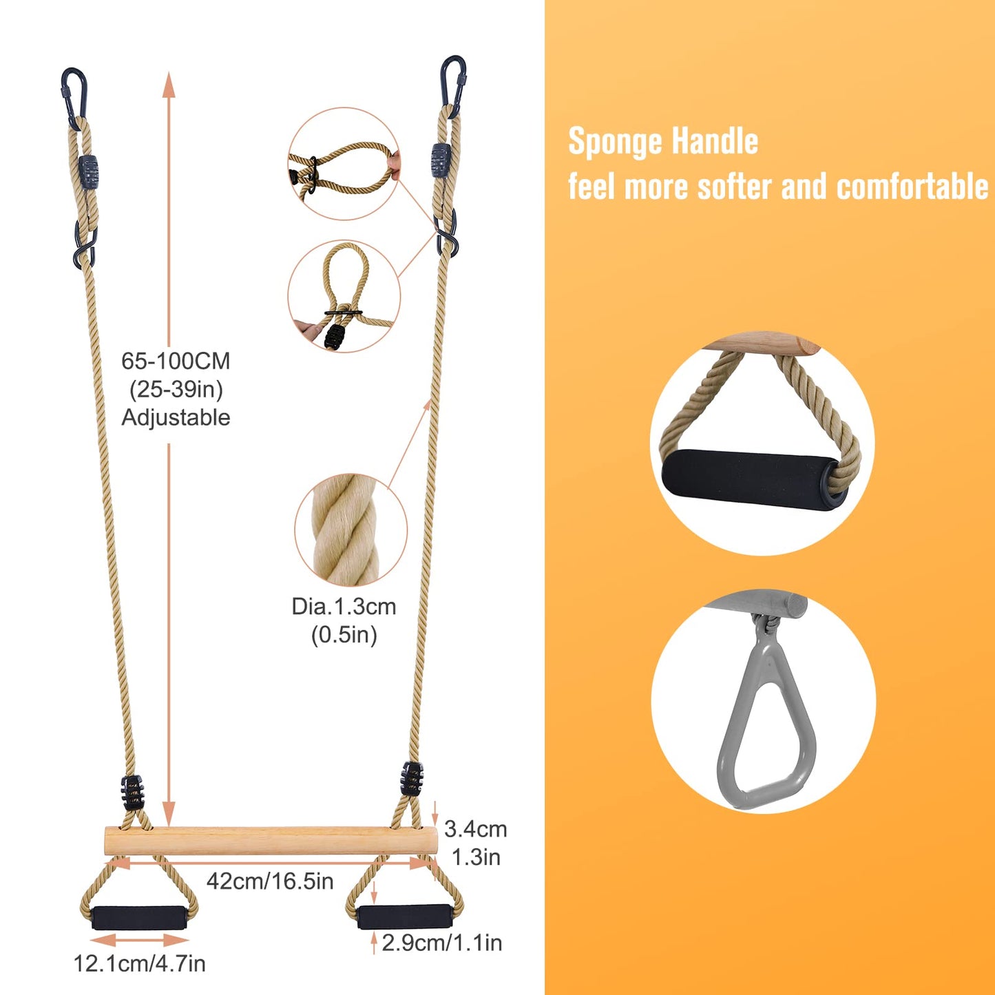 Wooden Trapeze Swing Bar with Gym Rings for Children's Swing Set Indoor Outdoor Garden,Yard,Playground