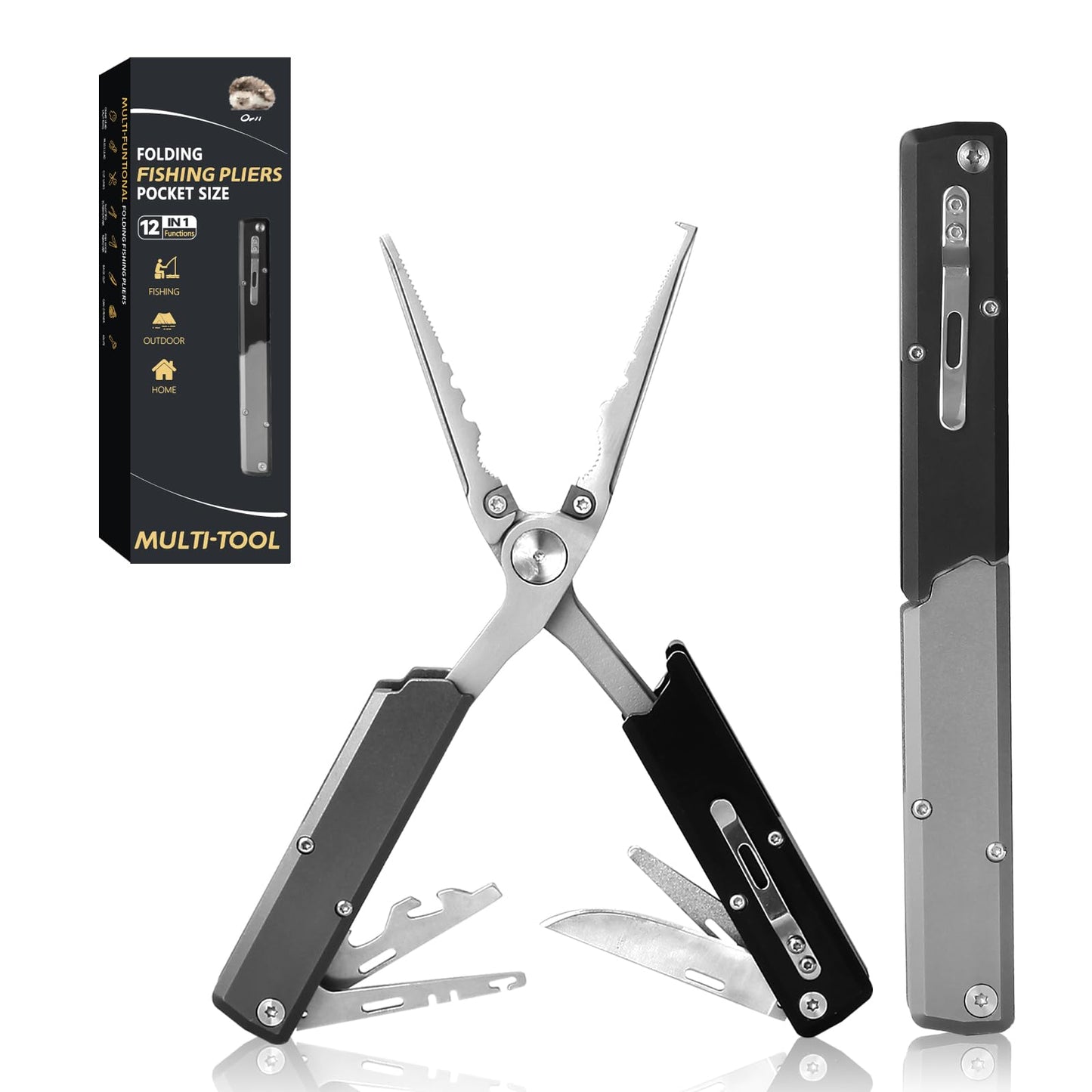 QDX 12-in-1 Saltwater Fishing Pliers & EDC Multitool, Titanium Coated Marine-Grade Stainless Steel Folding Pliers, Gifts for Men, Compact Pen-Sized Braid Cutter, Hook Remover & Split Ring fishing gear