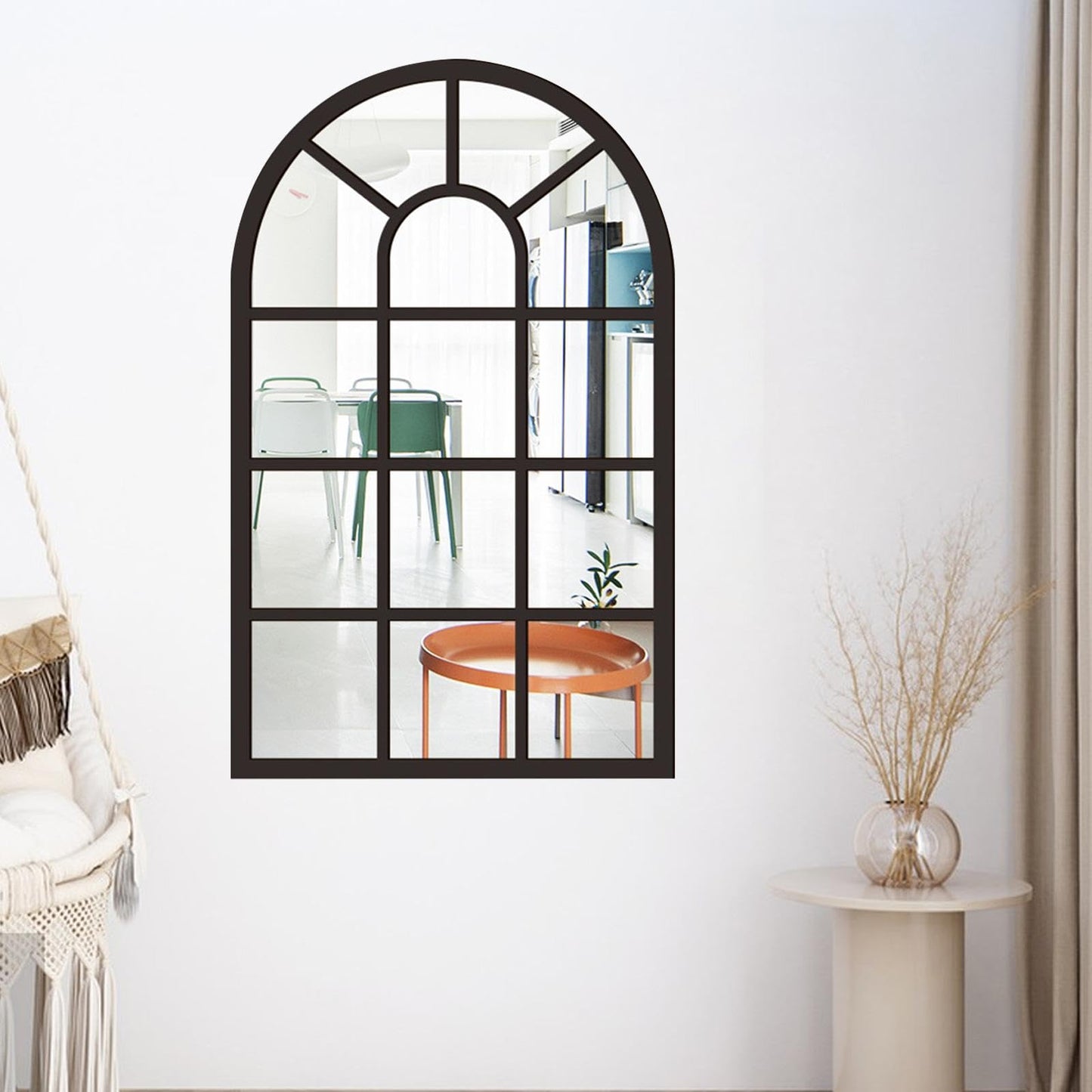 Arched Window Wall Mirror Wall Decorative Mirror Rustic Wood Acrylic Simple Wall Decor Windowpane Arch Mirror for Farmhouse, Black