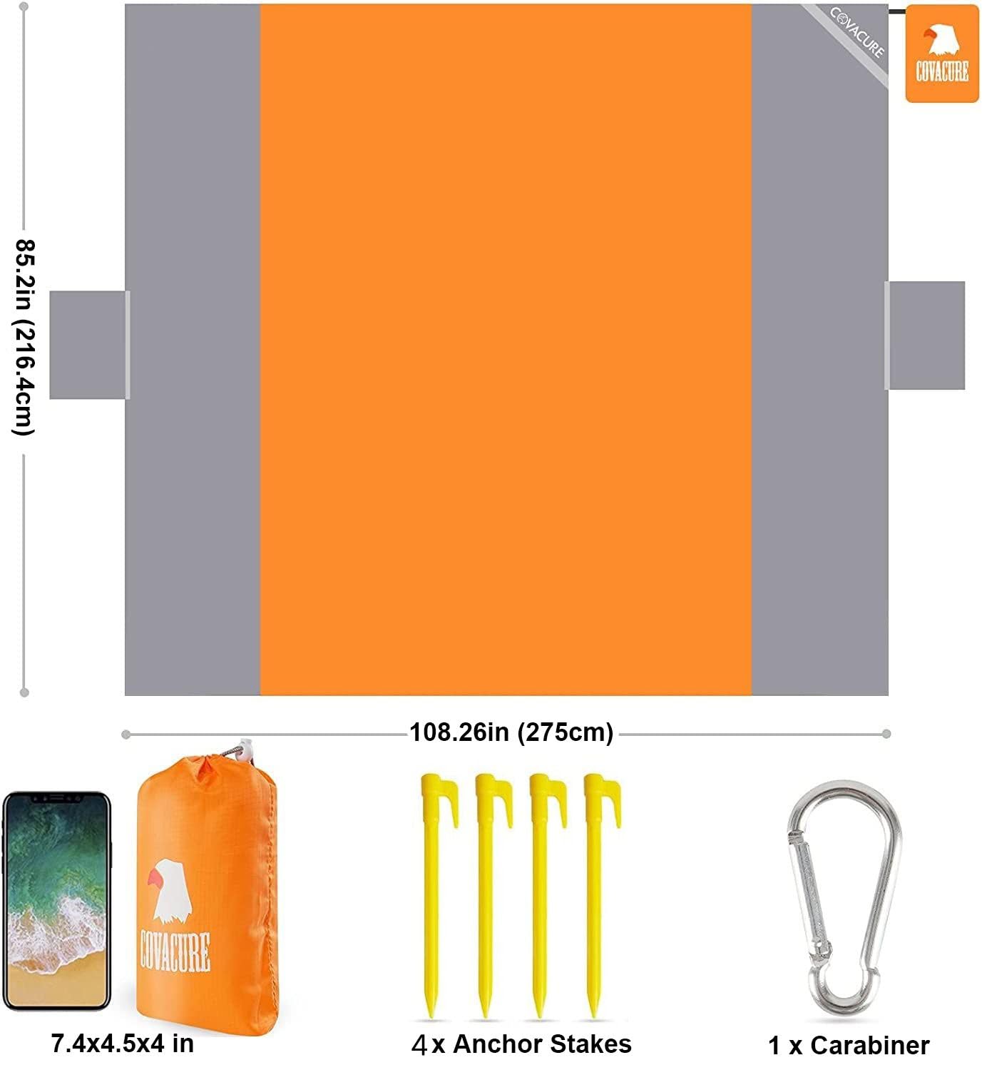 covacure Extra Large Beach Blanket Sandproof Waterproof - 108"x85" for 7-8 Adults, Oversized Beach Mat with Zipper Pockets, Lightweight Outdoor Accessories for Camping, Travel (Orange-M, 108"x85.2")
