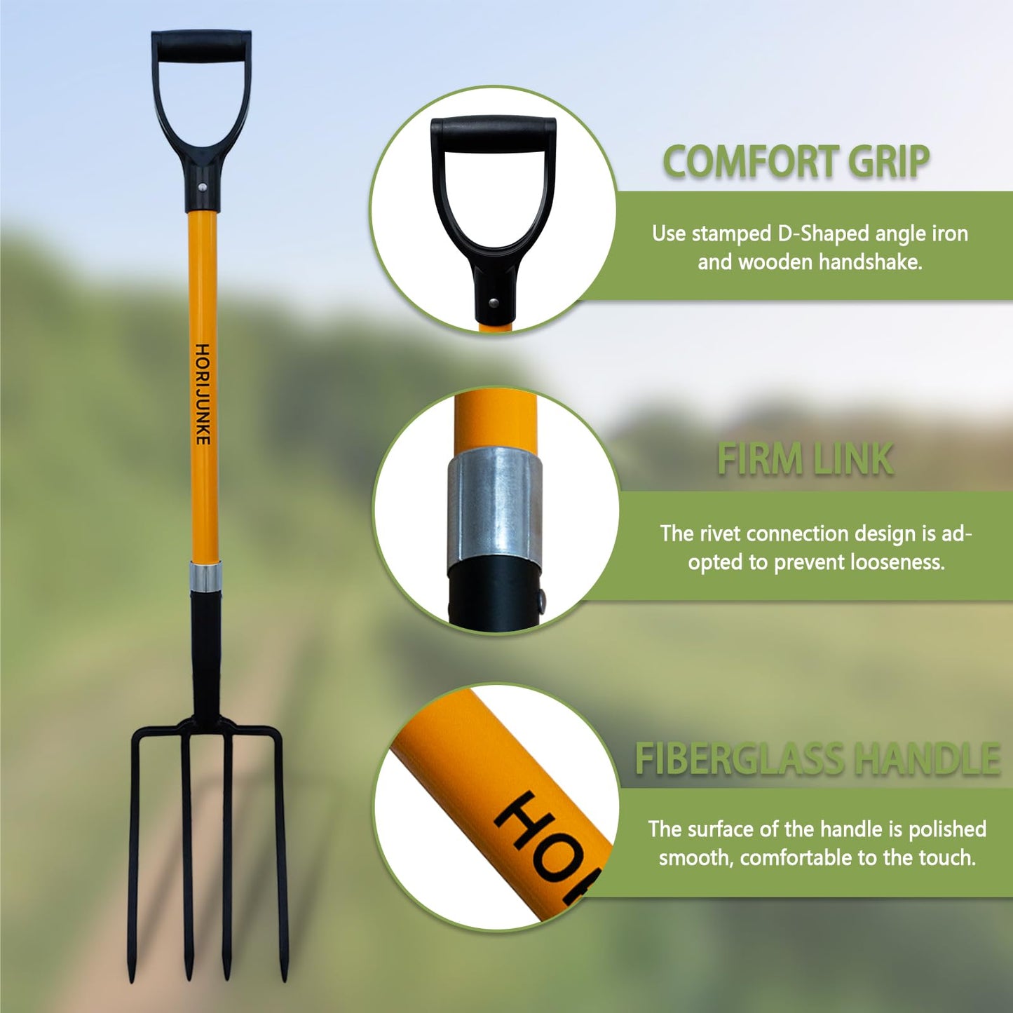 HORIJUNKE Garden Fork, 4-Tines Pitchforks,45-Inch Pitchfork for Gardening,Fiberglass Digging Fork Pole, D-Handle